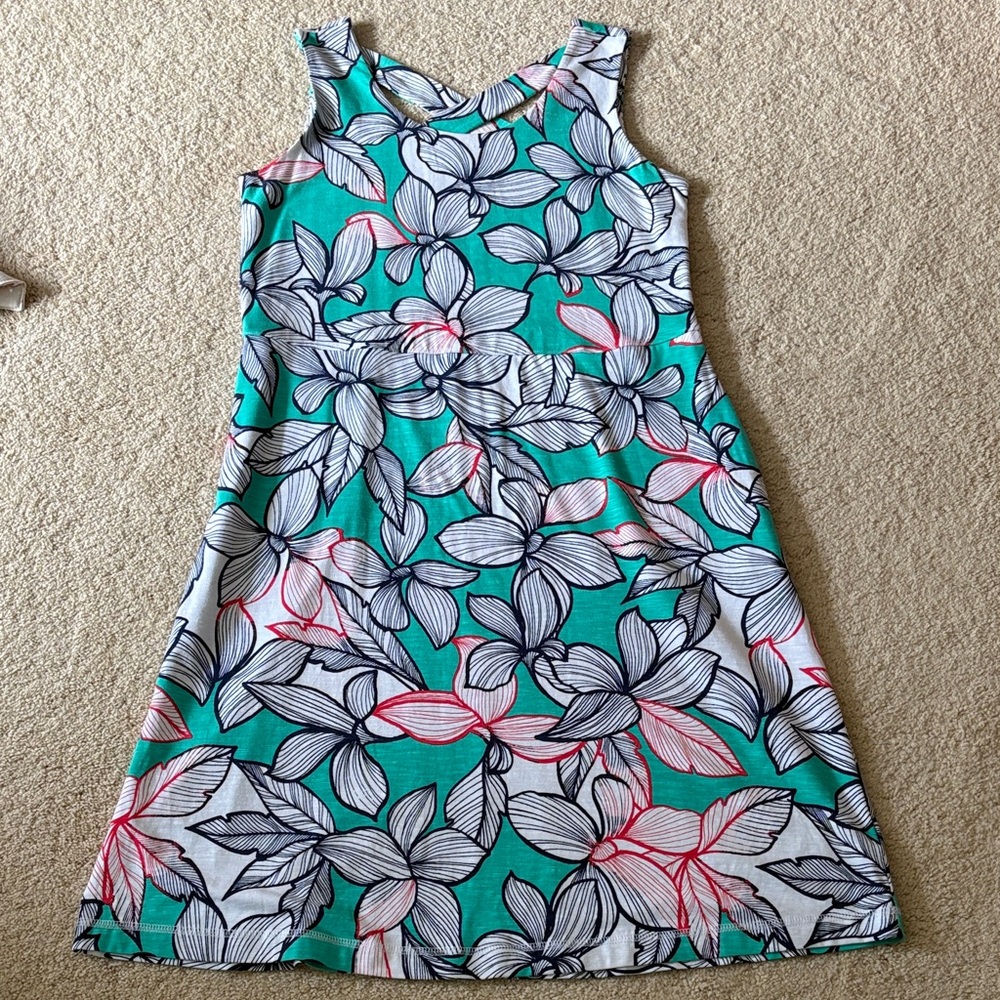 Talbots teal knit dress with navy and red floral outlines